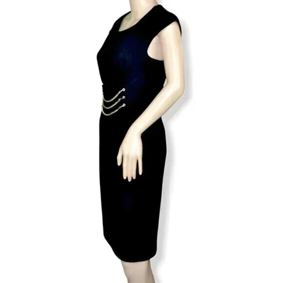 Calvin Klein Black Structured Gold Chain Minimalist Sheath Fit Flare Dress 8 M - Picture 3 of 4